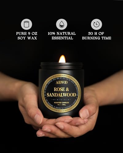 AOOVOO Scented Candles for Men - Rose & Sandalwood Candles for Home Scented | Crackling Wood Wick Soy Candles | Strong Fragranced Masculine Black Candle Gift for Women & Men, 9oz