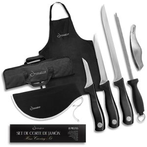 Iberico Ham Set with Ham Carving Knife, Boning Knife, Paring Knife, Knife Steel, Apron, Cover and Jamon Serrano Tongs - Slicing Knife for Meat Cutting - Chef Knife Set With Bag - Serrano Ham Knife