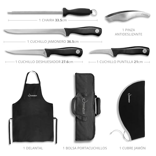 Iberico Ham Set with Ham Carving Knife, Boning Knife, Paring Knife, Knife Steel, Apron, Cover and Jamon Serrano Tongs - Slicing Knife for Meat Cutting - Chef Knife Set With Bag - Serrano Ham Knife