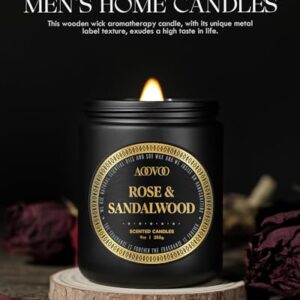 AOOVOO Scented Candles for Men - Rose & Sandalwood Candles for Home Scented | Crackling Wood Wick Soy Candles | Strong Fragranced Masculine Black Candle Gift for Women & Men, 9oz