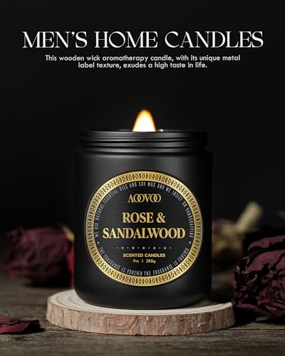 AOOVOO Scented Candles for Men - Rose & Sandalwood Candles for Home Scented | Crackling Wood Wick Soy Candles | Strong Fragranced Masculine Black Candle Gift for Women & Men, 9oz