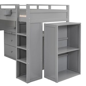 DRELOFT Loft Bed, Twin Size Wooden Loftbed with Rolling Cabinet and Desk for Kids and Teens Boys Girls, Versatility Loft Bed Frame for Home, No Box Spring Needed, Gray