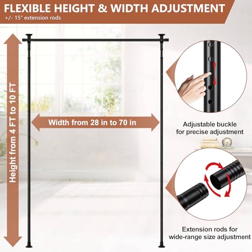 Room Divider Curtain Rod, No Drilling Tension Rod Room Dividers for Partitions, 28-70inch(W) 4-10ft (H) Adjustable Heavy Duty Floor to Ceiling Wall Divider Hanging Curtains for Separation Matte Black