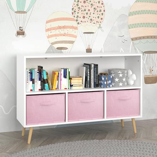 AOPNOMU Kids Bookcase and Bookshelf, Multi Shelf Cubby with 3 Collapsible Fabric Drawers, Children's Book and Toy Display Rack, Toy Storage Organizer for Bedroom, Playroom, Hallway, White + Pink