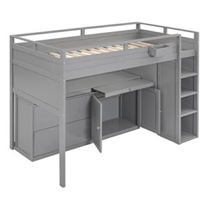 DRELOFT Loft Bed, Twin Size Wooden Loftbed with Rolling Cabinet and Desk for Kids and Teens Boys Girls, Versatility Loft Bed Frame for Home, No Box Spring Needed, Gray