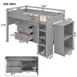 DRELOFT Loft Bed, Twin Size Wooden Loftbed with Rolling Cabinet and Desk for Kids and Teens Boys Girls, Versatility Loft Bed Frame for Home, No Box Spring Needed, Gray