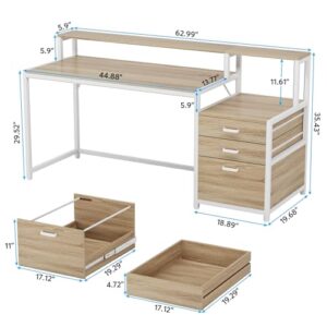 LITTLE TREE 63 Inch Computer Desk with File Drawer Cabinet, Home Office Desks with Ergonomic Monitor Stand