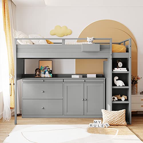 DRELOFT Loft Bed, Twin Size Wooden Loftbed with Rolling Cabinet and Desk for Kids and Teens Boys Girls, Versatility Loft Bed Frame for Home, No Box Spring Needed, Gray