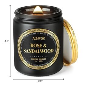 AOOVOO Scented Candles for Men - Rose & Sandalwood Candles for Home Scented | Crackling Wood Wick Soy Candles | Strong Fragranced Masculine Black Candle Gift for Women & Men, 9oz