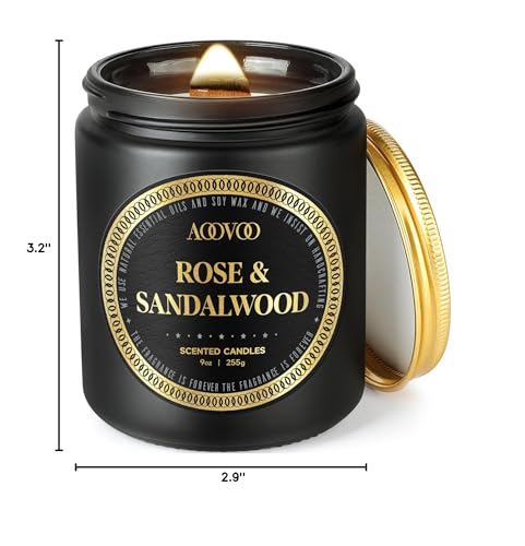 AOOVOO Scented Candles for Men - Rose & Sandalwood Candles for Home Scented | Crackling Wood Wick Soy Candles | Strong Fragranced Masculine Black Candle Gift for Women & Men, 9oz