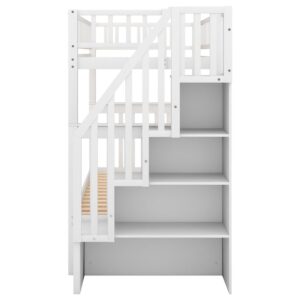 TURRIDU Twin Over Twin Bunk Bed with Twin Trundle & Staircases, Wood Bunk Bed Frame with Safety Rails for 3 Teens Adults, Convertible into 2 Platform Beds, White