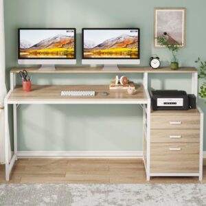 LITTLE TREE 63 Inch Computer Desk with File Drawer Cabinet, Home Office Desks with Ergonomic Monitor Stand