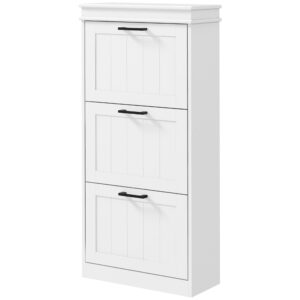 homcom shoe cabinet for entryway, narrow shoe rack storage organizer with 3 flip drawers and adjustable shelves for 15 pairs of shoes, white