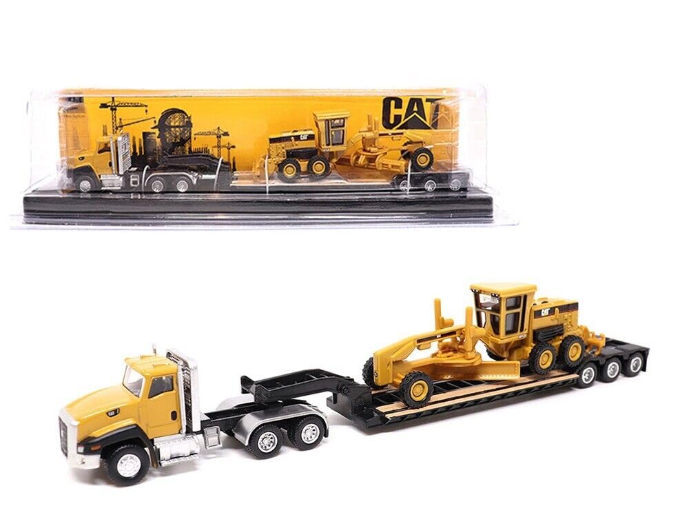 Diecast Masters CT660 Day Cab Tractor Yellow with Lowboy Trailer and 163H Motor Grader Yellow 1/87 (HO) Diecast Model 84414