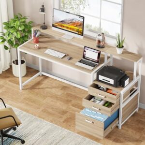 LITTLE TREE 63 Inch Computer Desk with File Drawer Cabinet, Home Office Desks with Ergonomic Monitor Stand