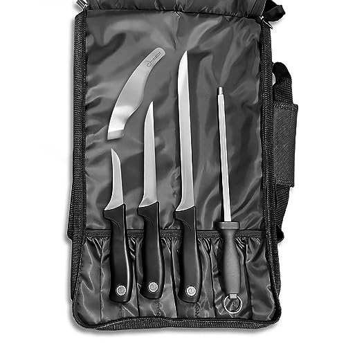 Iberico Ham Set with Ham Carving Knife, Boning Knife, Paring Knife, Knife Steel, Apron, Cover and Jamon Serrano Tongs - Slicing Knife for Meat Cutting - Chef Knife Set With Bag - Serrano Ham Knife