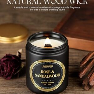 AOOVOO Scented Candles for Men - Rose & Sandalwood Candles for Home Scented | Crackling Wood Wick Soy Candles | Strong Fragranced Masculine Black Candle Gift for Women & Men, 9oz