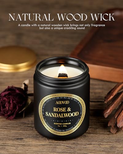 AOOVOO Scented Candles for Men - Rose & Sandalwood Candles for Home Scented | Crackling Wood Wick Soy Candles | Strong Fragranced Masculine Black Candle Gift for Women & Men, 9oz