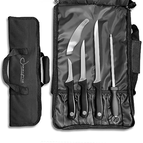 Iberico Ham Set with Ham Carving Knife, Boning Knife, Paring Knife, Knife Steel, Apron, Cover and Jamon Serrano Tongs - Slicing Knife for Meat Cutting - Chef Knife Set With Bag - Serrano Ham Knife