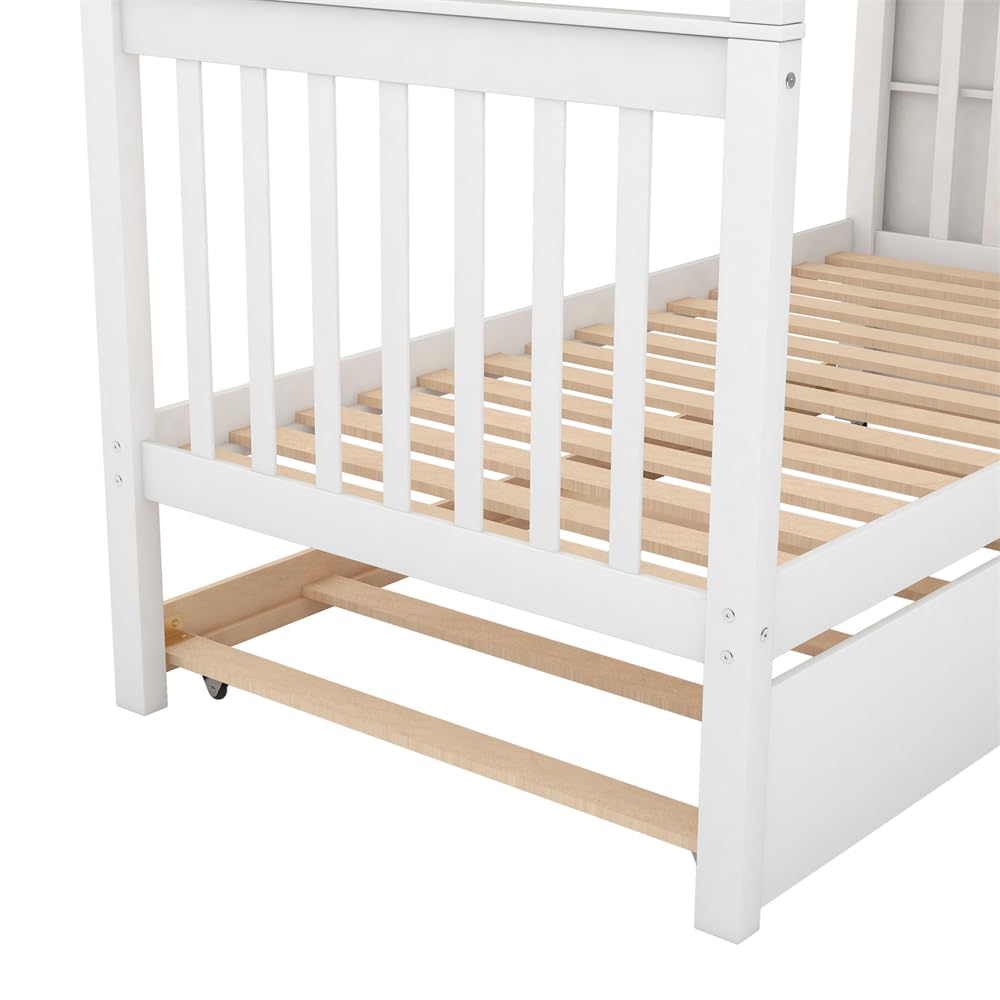 TURRIDU Twin Over Twin Bunk Bed with Twin Trundle & Staircases, Wood Bunk Bed Frame with Safety Rails for 3 Teens Adults, Convertible into 2 Platform Beds, White