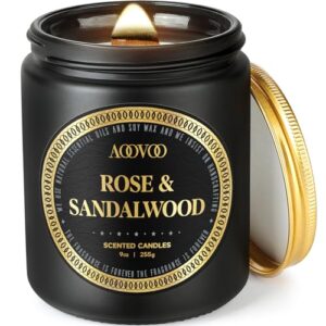 aoovoo scented candles for men - rose & sandalwood candles for home scented | crackling wood wick soy candles | strong fragranced masculine black candle gift for women & men, 9oz