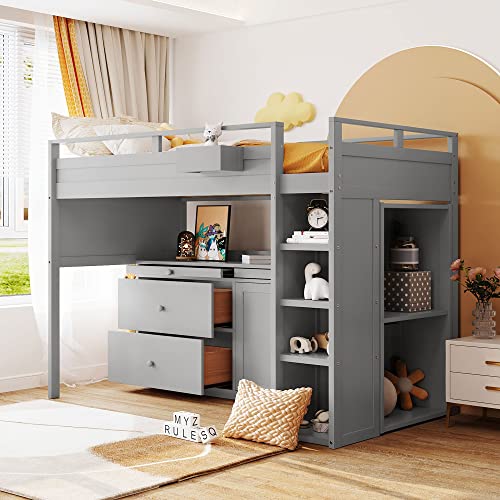 DRELOFT Loft Bed, Twin Size Wooden Loftbed with Rolling Cabinet and Desk for Kids and Teens Boys Girls, Versatility Loft Bed Frame for Home, No Box Spring Needed, Gray