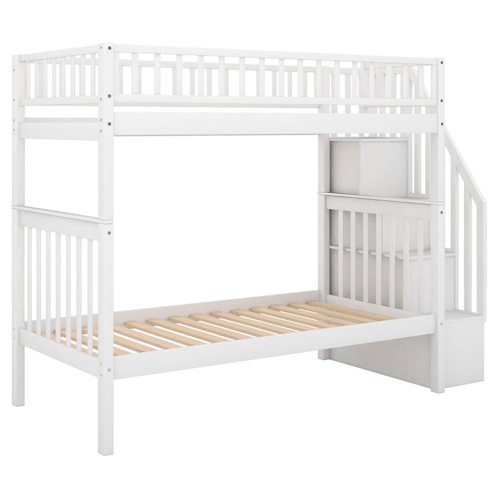 TURRIDU Twin Over Twin Bunk Bed with Twin Trundle & Staircases, Wood Bunk Bed Frame with Safety Rails for 3 Teens Adults, Convertible into 2 Platform Beds, White