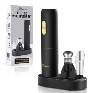 kitvinous electric wine opener set with charging base, reusable automatic wine bottle opener with led light, portable corkscrew with pour & preserver vacuum stopper, black