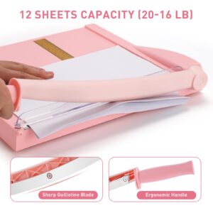 Paper Cutter, Paper Trimmer with Safety Guard, 12" Cut Length Paper Slicer with 16 Sheet Capacity Paper Cutting Board,Guillotine Paper Cutters and Trimmers for Cardstock Cardboard Vinyl (Pink)