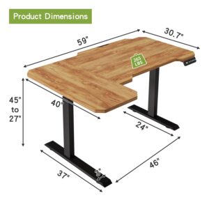 Radlove Dual Motors Height Adjustable 59'' L Shaped Electric Standing Desk with Curved Design Stand Up Table 4 Memory Keys, Computer Desk Splice Board Home Office Desk,Light Brown Top