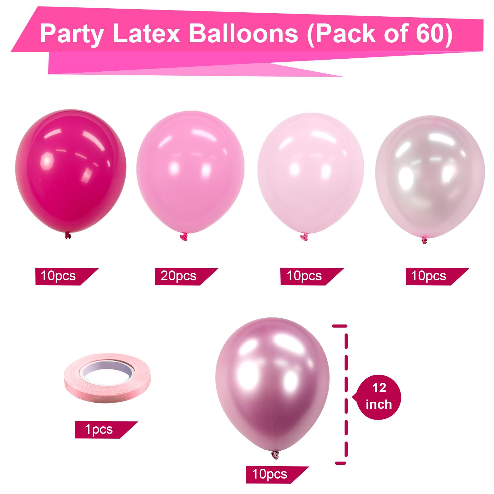 Bezente Pink Balloons Set,60pcs 12 inch Metallic Pink Pearl Pink Hot Pink Pastel Pink Latex Balloons Kit for Birthday,Wedding,Baby Shower,Princess Theme Party Decorations