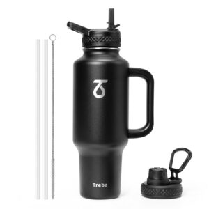 trebo 40 oz water bottle insulated fit car cup holder with handle, stainless steel water bottles tumbler with spout straw lids, double wall travel reusable flask, leakproof mug,keep cold &hot,black