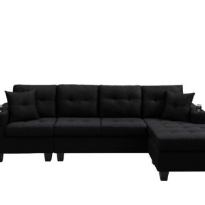 GINGVAT L Shaped Upholstered Sectional Sofa, Modern Fabric Couch with Reversible Chaise and 2 Cupholders, Living Room Furniture Fashion Design, Black