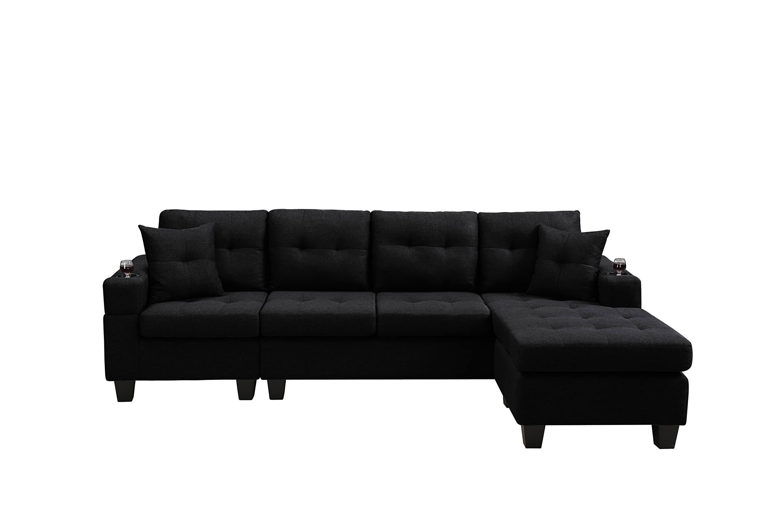 GINGVAT L Shaped Upholstered Sectional Sofa, Modern Fabric Couch with Reversible Chaise and 2 Cupholders, Living Room Furniture Fashion Design, Black