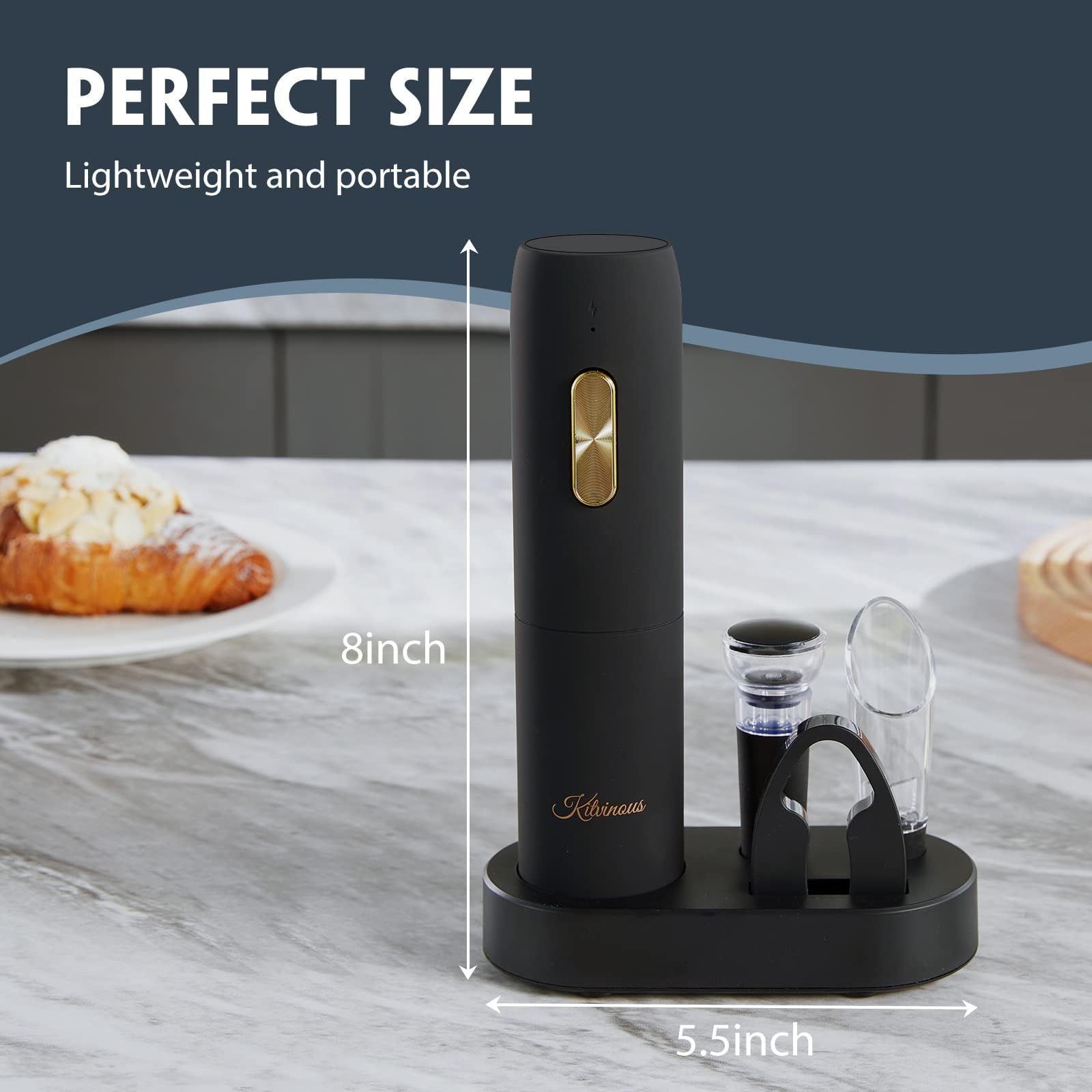 KITVINOUS Electric Wine Opener Set with Charging Base, Reusable Automatic Wine Bottle Opener with LED Light, Portable Corkscrew with Pour & Preserver Vacuum Stopper, Black