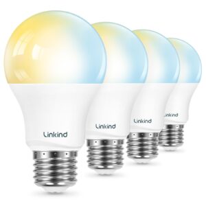 linkind smart light bulbs, soft white to daylight tunable (2700k-6500k), alexa light bulbs, work with alexa & google home, cri>90, 2.4ghz wi-fi & bluetooth led, a19 e26, 800lm, 60w equivalent (4-pack)