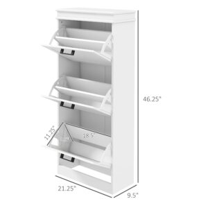 HOMCOM Shoe Cabinet for Entryway, Narrow Shoe Rack Storage Organizer with 3 Flip Drawers and Adjustable Shelves for 15 Pairs of Shoes, White