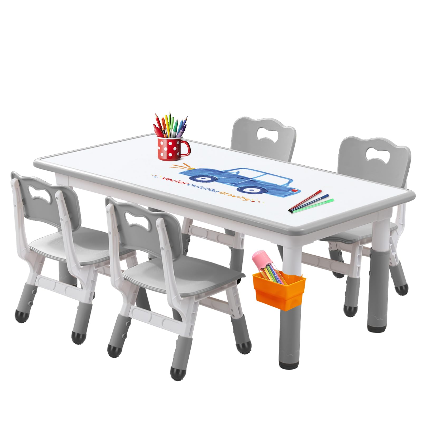 JIAOQIU Kids Table and Chair, Toddler Table and Chair Set, Adjustable Kids Table, Non-Slip Table Legs&Organizer, Graffiti Desktop, Suitable for Kids Table and Chairs Ages 3-12