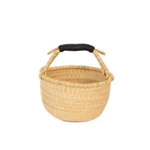 handwoven african grass basket, market style w/single handle (flattened), neutral tones (colors & patterns vary)