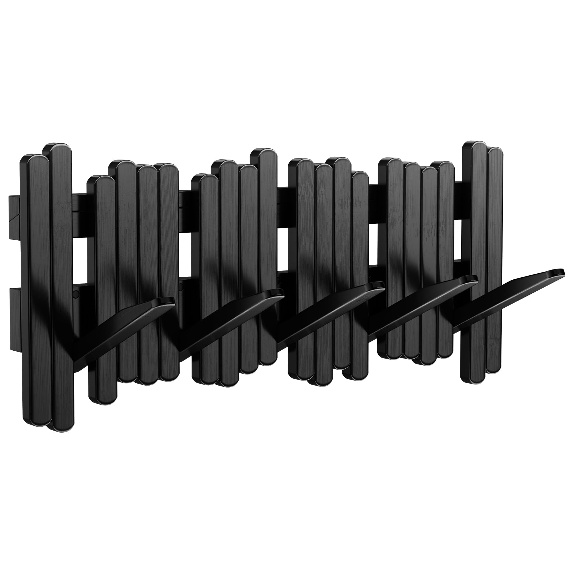 Space Saving Black Coat Rack Wall Mount, Wood Coat Hanger Wall Mount, Bamboo Entryway Hooks, Unique Wall Mounted Coat Rack for Hanging Keys, Hats, Purse, Towels and More (5 Flip-Down Hooks)