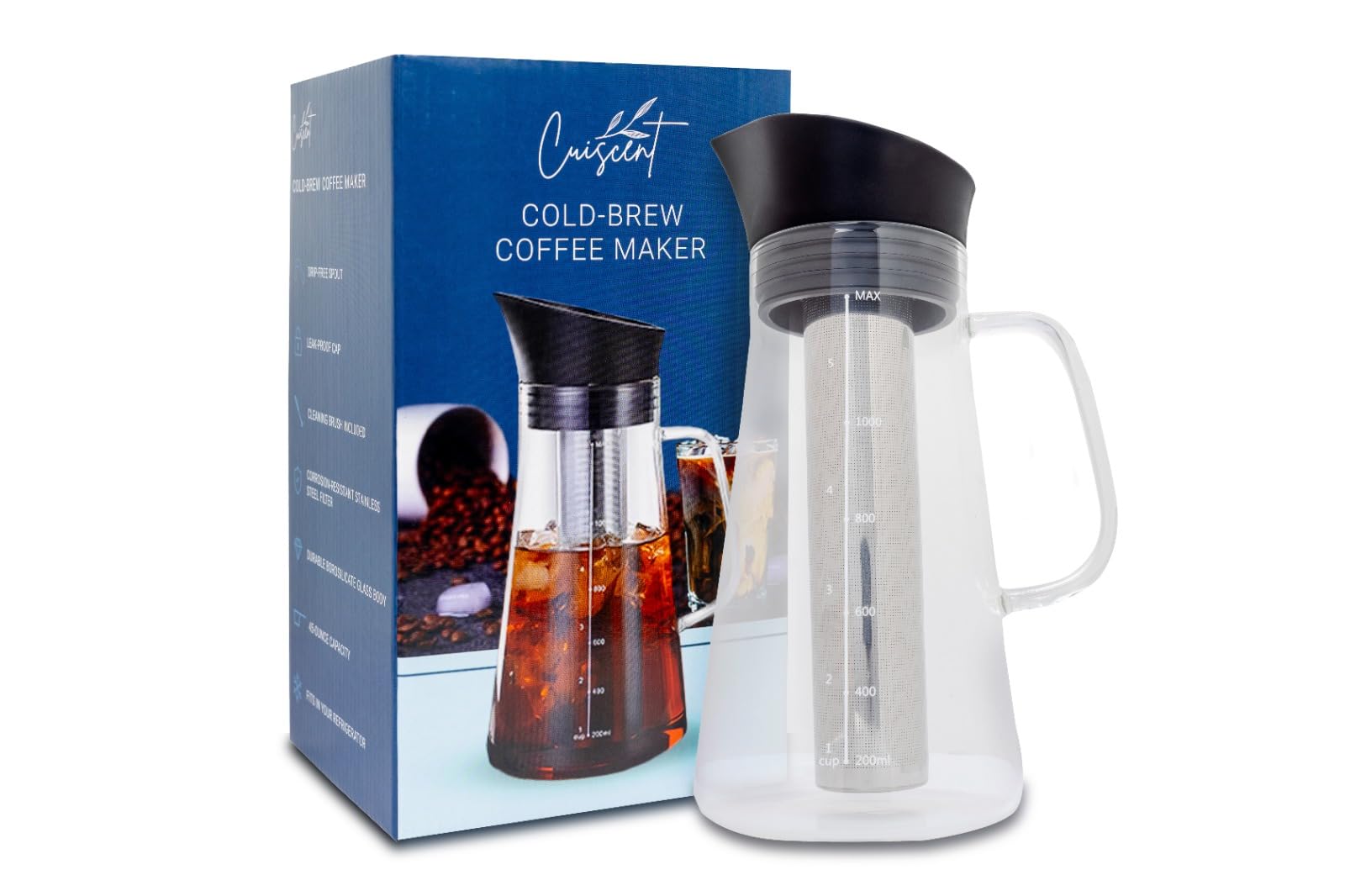 Cuiscent Cold-Brew Coffee Maker, 1350ml capacity,Stainless Steel 304 filter, includes cleaning brush