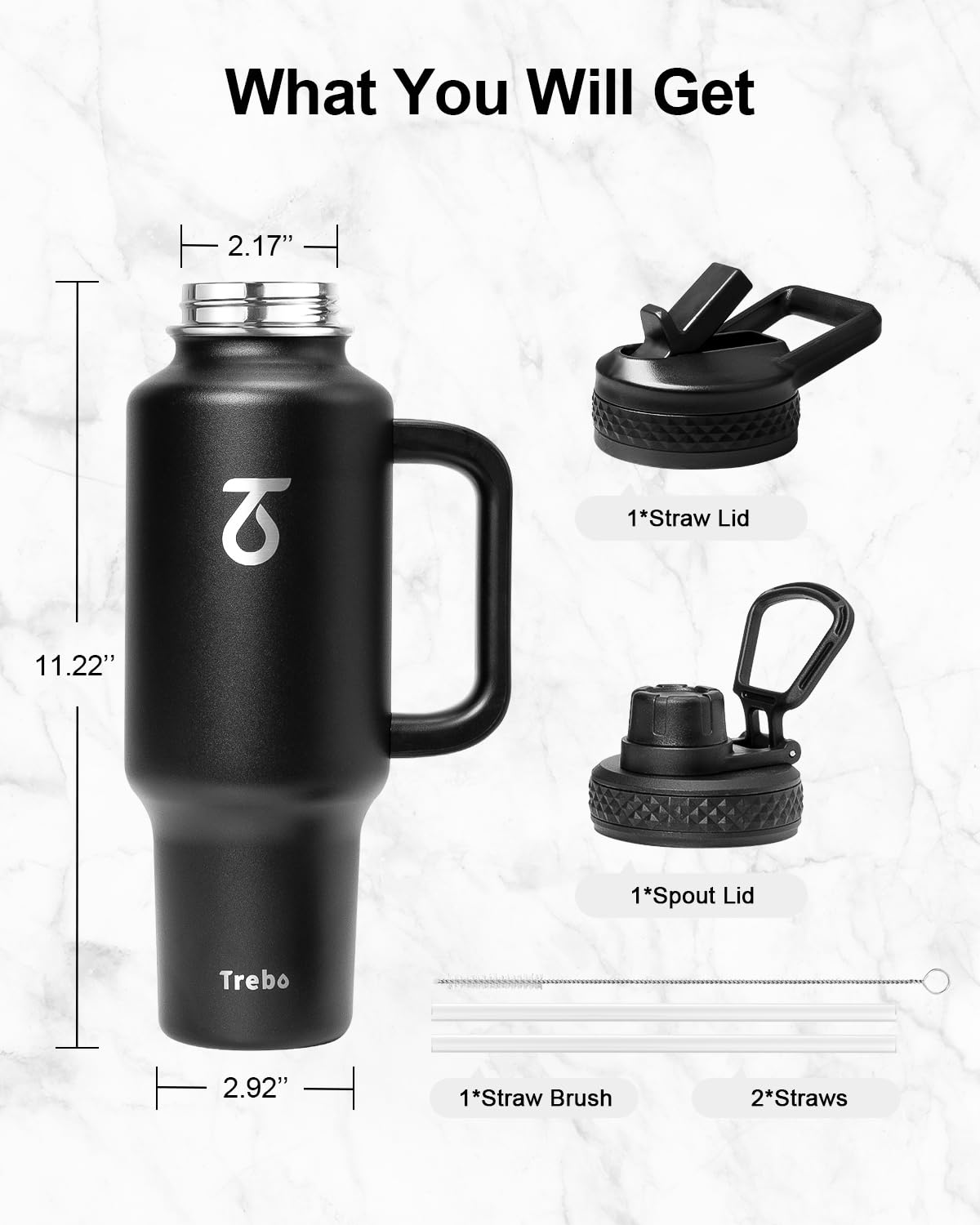 Trebo 40 oz Water Bottle Insulated Fit Car Cup Holder with Handle, Stainless Steel Water Bottles Tumbler with Spout Straw Lids, Double Wall Travel Reusable Flask, Leakproof Mug,Keep Cold &Hot,Black