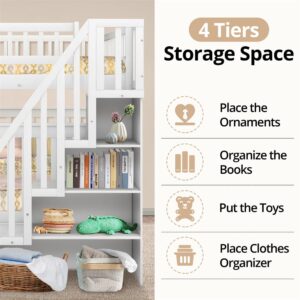 TURRIDU Twin Over Twin Bunk Bed with Twin Trundle & Staircases, Wood Bunk Bed Frame with Safety Rails for 3 Teens Adults, Convertible into 2 Platform Beds, White