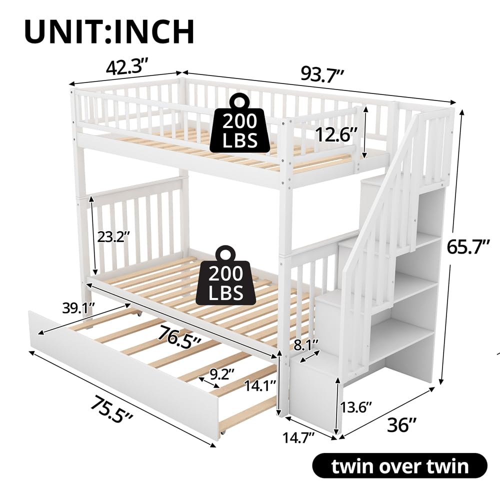 TURRIDU Twin Over Twin Bunk Bed with Twin Trundle & Staircases, Wood Bunk Bed Frame with Safety Rails for 3 Teens Adults, Convertible into 2 Platform Beds, White