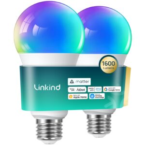 linkind matter smart light bulb,1600lm 100w smart bulbs work with alexa/apple home/google home/smartthings, rgbtw led color changing bulbs music sync, 2.4ghz wi-fi light bulbs led 11w, a21 e26, 2pack