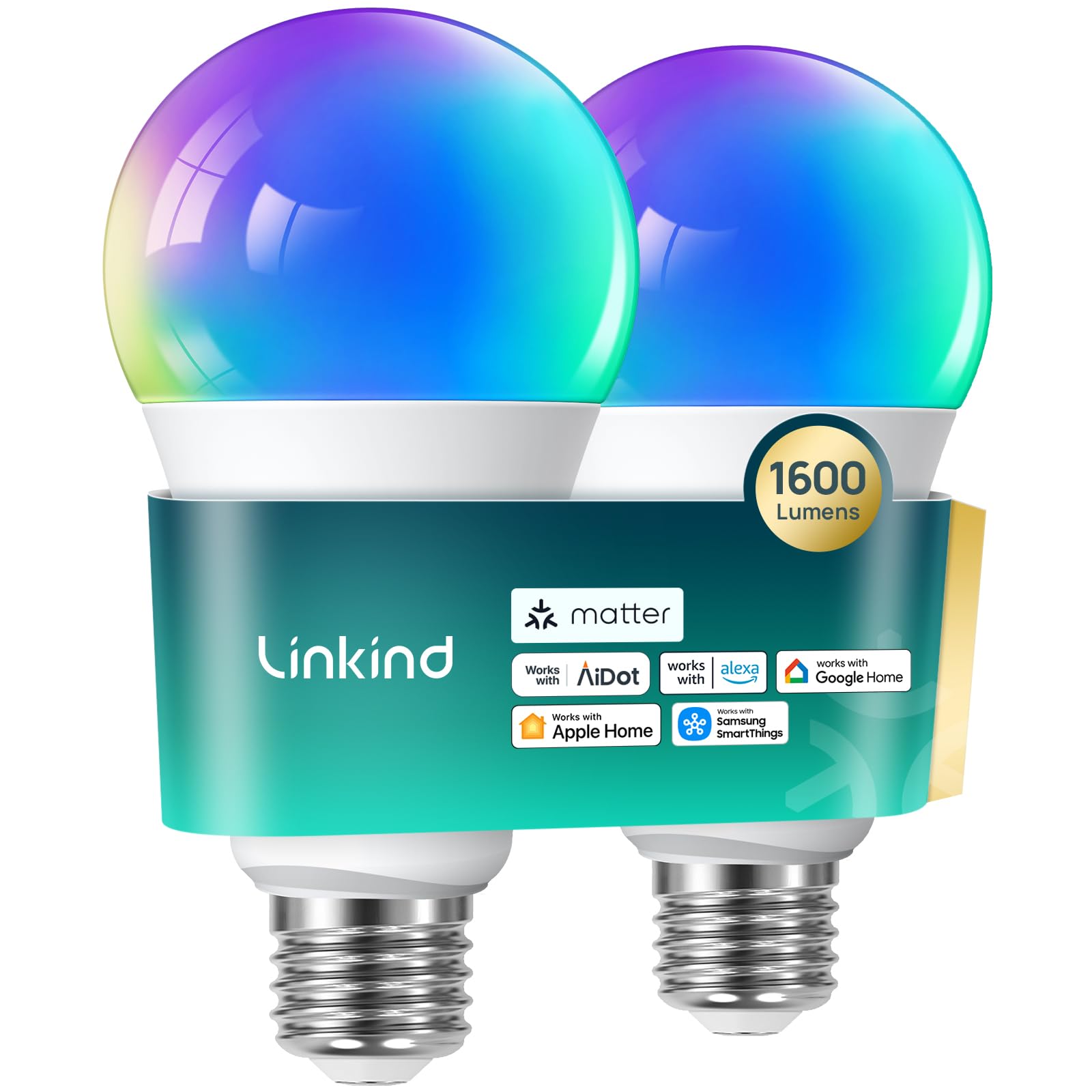 Linkind Matter Smart Light Bulb,1600LM 100W Smart Bulbs Work with Alexa/Apple Home/Google Home/SmartThings, RGBTW LED Color Changing Bulbs Music Sync, 2.4GHz Wi-Fi Light Bulbs LED 11W, A21 E26, 2Pack