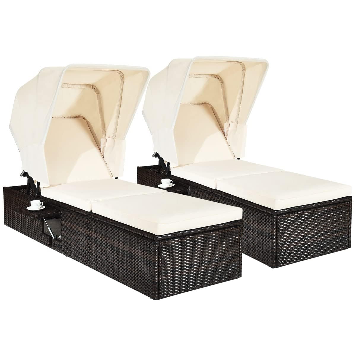 HAPPYGRILL Patio Chaise Lounge with Retractable Canopy Set of 2, Outdoor Reclining Chair with Adjustable Backrest, Rattan Wicker Daybed with Coffee Table Sun Lounger for Beach Poolside Backyard Porch