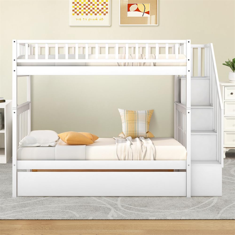 TURRIDU Twin Over Twin Bunk Bed with Twin Trundle & Staircases, Wood Bunk Bed Frame with Safety Rails for 3 Teens Adults, Convertible into 2 Platform Beds, White