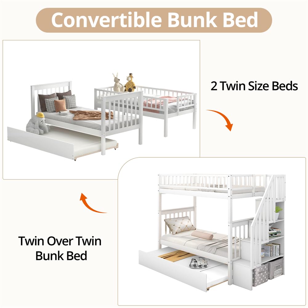 TURRIDU Twin Over Twin Bunk Bed with Twin Trundle & Staircases, Wood Bunk Bed Frame with Safety Rails for 3 Teens Adults, Convertible into 2 Platform Beds, White