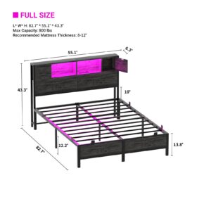 Homieasy Full Size Bed Frame with Storage Headboard and Charging Station, Industrial Platform Metal Bed with LED Lights, Steel Slat Support, No Box Spring Needed, Noise-Free, Easy Assembly, Grey Oak